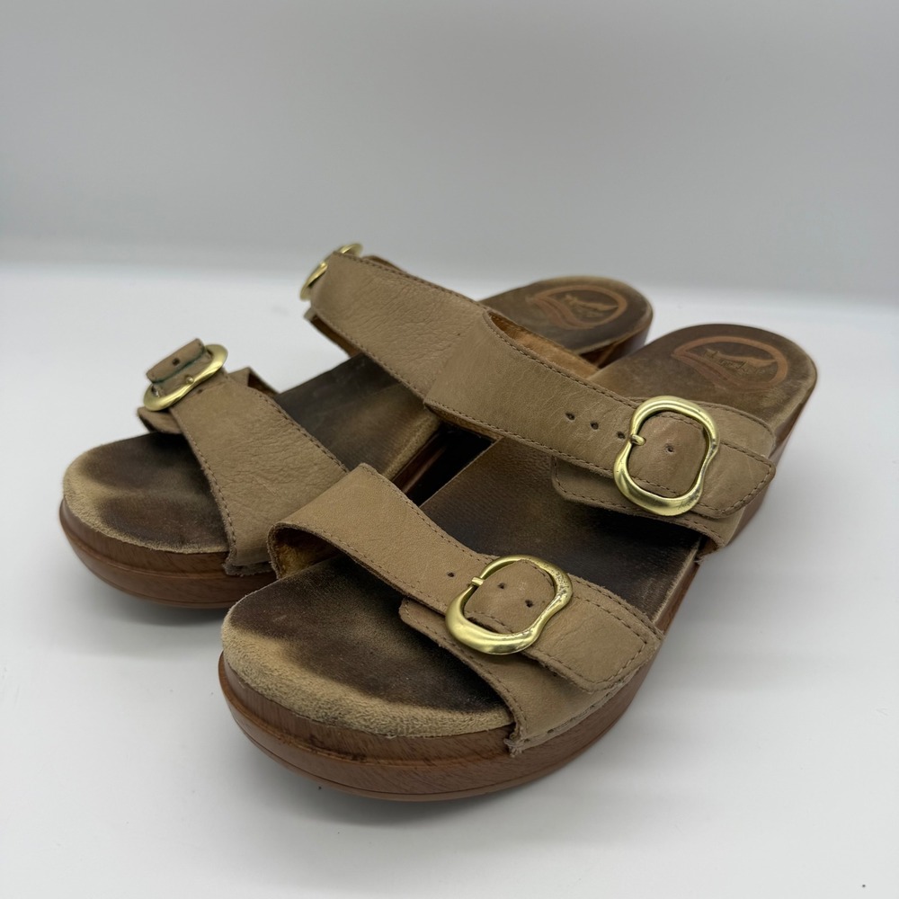 Dansko Thea Sandal Tan Leather Clog Platform Wedge Buckle 9841032200 Womens 38